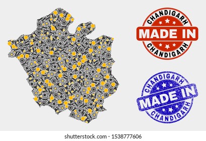 Mosaic technical Chandigarh City map and blue Made In scratched seal. Vector geographic abstraction model for mechanic, or patriotic posters.