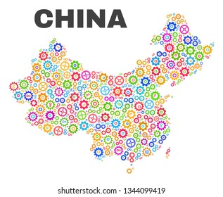 Mosaic technical China map isolated on a white background. Vector geographic abstraction in different colors. Mosaic of China map designed from random multi-colored gear items.