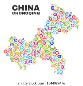 Mosaic technical Chongqing City map isolated on a white background. Vector geographic abstraction in different colors. Mosaic of Chongqing City map combined of random bright cog items.