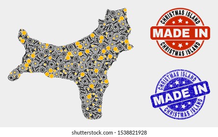 Mosaic technical Christmas Island map and blue Made In textured seal. Vector geographic abstraction model for mechanic, or patriotic posters.