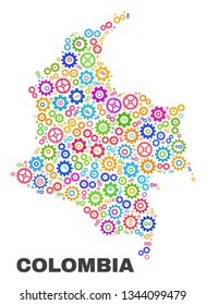 Mosaic technical Colombia map isolated on a white background. Vector geographic abstraction in different colors. Mosaic of Colombia map combined of random multi-colored cog items.