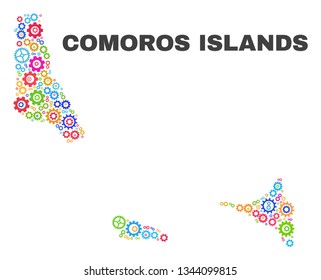 Mosaic technical Comoros Islands map isolated on a white background. Vector geographic abstraction in different colors. Mosaic of Comoros Islands map combined of scattered multi-colored gear items.