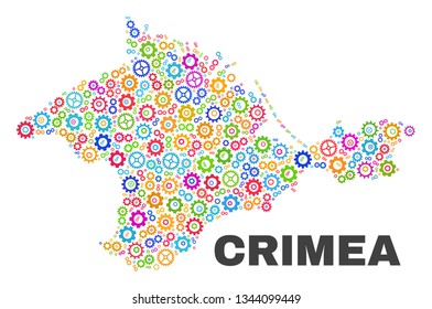 Mosaic technical Crimea map isolated on a white background. Vector geographic abstraction in different colors. Mosaic of Crimea map combined of random multi-colored wheel elements.