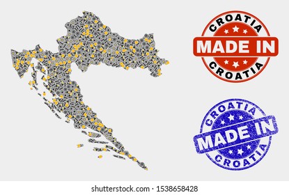 Mosaic technical Croatia map and blue Made In grunge seal. Vector geographic abstraction model for technical, or patriotic purposes. Mosaic of Croatia map composed from random cogs, spanners, lamps,