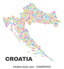 Mosaic technical Croatia map isolated on a white background. Vector geographic abstraction in different colors. Mosaic of Croatia map designed from scattered multi-colored cog elements.