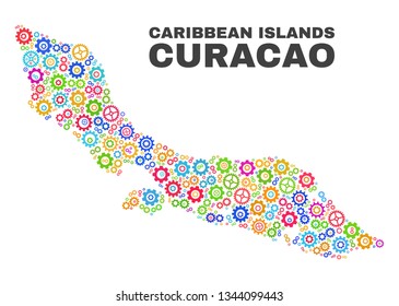 Mosaic technical Curacao Island map isolated on a white background. Vector geographic abstraction in different colors. Mosaic of Curacao Island map combined of random multi-colored wheel elements.