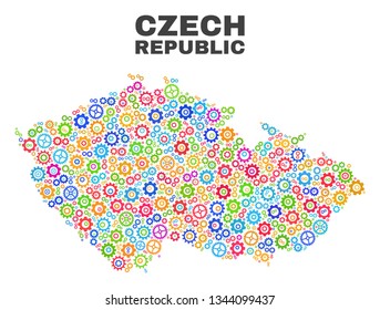 Mosaic technical Czech Republic map isolated on a white background. Vector geographic abstraction in different colors. Mosaic of Czech Republic map combined of scattered multi-colored wheel elements.