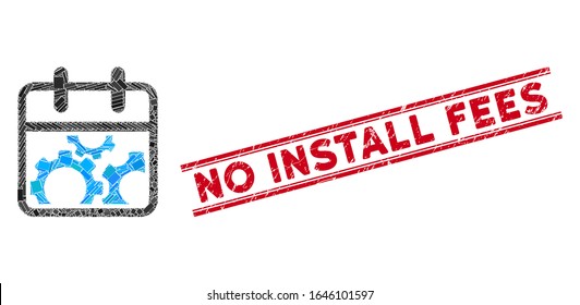 Mosaic technical day icon and red No Install Fees stamp between double parallel lines. Flat vector technical day mosaic icon of random rotated rectangle items.