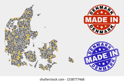 Mosaic technical Denmark map and blue Made In grunge stamp. Vector geographic abstraction model for workshop, or patriotic illustrations. Mosaic of Denmark map combined of scattered cogwheel,