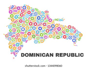 Mosaic technical Dominican Republic map isolated on a white background. Vector geographic abstraction in different colors. Mosaic of Dominican Republic map combined of random colorful cog elements.