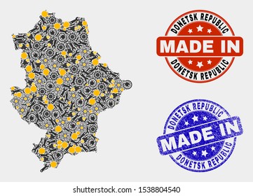Mosaic technical Donetsk Republic map and blue Made In grunge stamp. Vector geographic abstraction model for service, or patriotic illustrations.