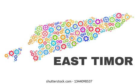 Mosaic technical East Timor map isolated on a white background. Vector geographic abstraction in different colors. Mosaic of East Timor map combined of scattered multi-colored wheel items.