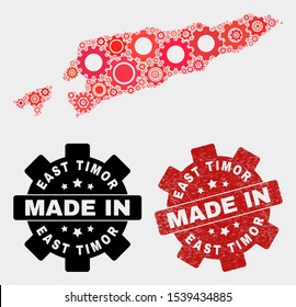 Mosaic technical East Timor map and textured seal. Vector geographic abstraction in red colors. Mosaic of East Timor map combined of random gear items. Red colored model for technical,