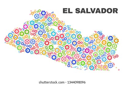 Mosaic technical El Salvador map isolated on a white background. Vector geographic abstraction in different colors. Mosaic of El Salvador map combined of scattered multi-colored cog items.
