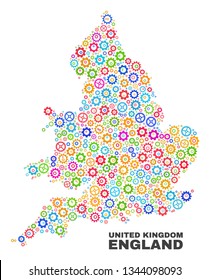 Mosaic technical England map isolated on a white background. Vector geographic abstraction in different colors. Mosaic of England map combined of random multi-colored cog items.