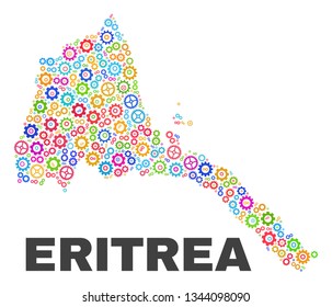 Mosaic technical Eritrea map isolated on a white background. Vector geographic abstraction in different colors. Mosaic of Eritrea map combined of random multi-colored cogwheel elements.