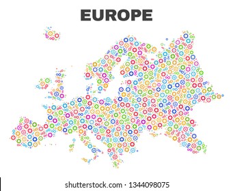 Mosaic technical Europe map isolated on a white background. Vector geographic abstraction in different colors. Mosaic of Europe map combined of random multi-colored wheel elements.