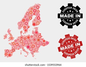 Mosaic technical European Union map and scratched seal. Vector geographic abstraction in red colors. Mosaic of European Union map designed from scattered gear elements.