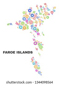 Mosaic technical Faroe Islands map isolated on a white background. Vector geographic abstraction in different colors. Mosaic of Faroe Islands map combined of random bright gear elements.