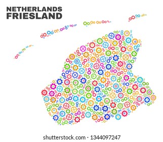 Mosaic technical Friesland Province map isolated on a white background. Vector geographic abstraction in different colors.