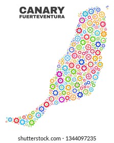 Mosaic technical Fuerteventura Island map isolated on a white background. Vector geographic abstraction in different colors.