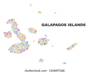 Mosaic technical Galapagos Islands map isolated on a white background. Vector geographic abstraction in different colors. Mosaic of Galapagos Islands map combined of random multi-colored gear items.