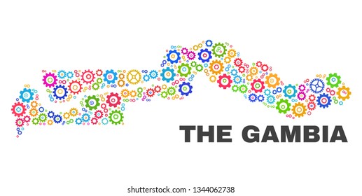 Mosaic technical the Gambia map isolated on a white background. Vector geographic abstraction in different colors. Mosaic of the Gambia map combined of scattered bright gear items.