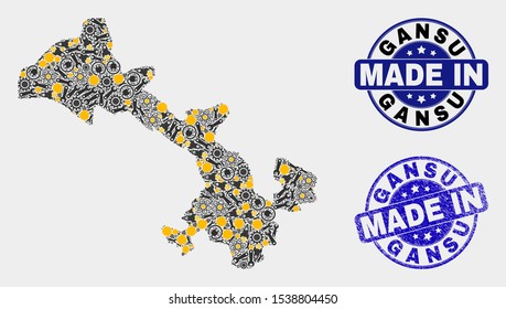 Mosaic technical Gansu Province map and blue Made In scratched seal. Vector geographic abstraction model for service, or patriotic illustrations.