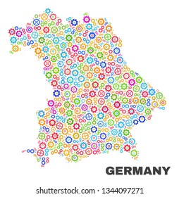 Mosaic technical Germany map isolated on a white background. Vector geographic abstraction in different colors. Mosaic of Germany map combined of random multi-colored cogwheel items.