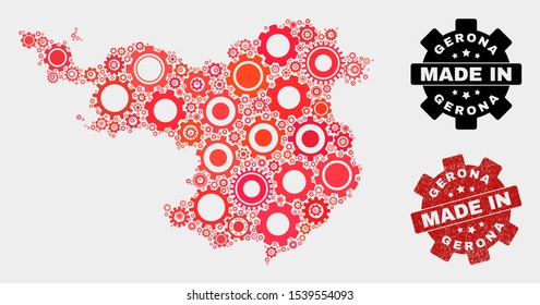 Mosaic technical Gerona Province map and scratched stamp. Vector geographic abstraction in red colors. Mosaic of Gerona Province map combined of random cog elements. Red colored model for workshop,