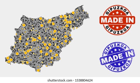 Mosaic technical Gipuzkoa Province map and blue Made In grunge stamp. Vector geographic abstraction model for industrial, or patriotic posters.
