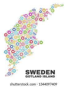 Mosaic technical Gotland Island map isolated on a white background. Vector geographic abstraction in different colors. Mosaic of Gotland Island map designed from random multi-colored gear elements.