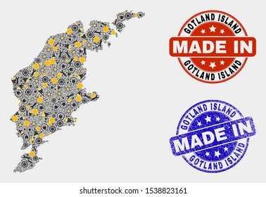 Mosaic technical Gotland Island map and blue Made In scratched seal. Vector geographic abstraction model for mechanic, or patriotic illustrations.
