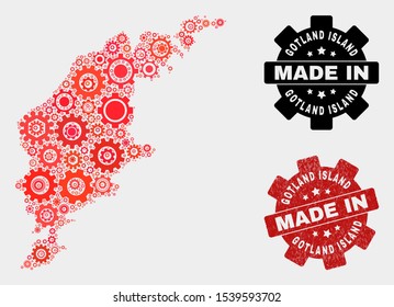 Mosaic technical Gotland Island map and grunge seal. Vector geographic abstraction in red colors. Mosaic of Gotland Island map combined of random gearwheel items. Red colored model for workshop,