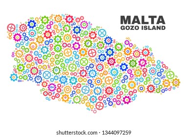 Mosaic technical Gozo Island map isolated on a white background. Vector geographic abstraction in different colors. Mosaic of Gozo Island map combined of random multi-colored wheel items.