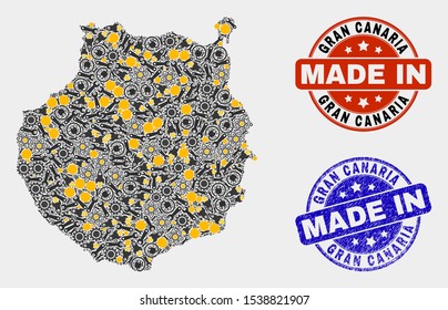 Mosaic technical Gran Canaria map and blue Made In scratched stamp. Vector geographic abstraction model for workshop, or patriotic posters. Mosaic of Gran Canaria map combined of random wheel,