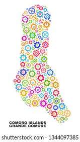 Mosaic technical Grande Comore Island map isolated on a white background. Vector geographic abstraction in different colors. Mosaic of Grande Comore Island map combined of random bright wheel items.