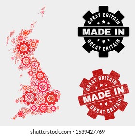 Mosaic technical Great Britain map and grunge stamp. Vector geographic abstraction in red colors. Mosaic of Great Britain map combined of random cog elements. Red colored model for technical,