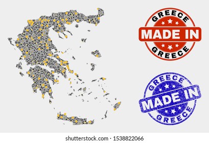 Mosaic technical Greece map and blue Made In grunge seal. Vector geographic abstraction model for service, or political templates. Mosaic of Greece map combined of scattered gearwheels, spanners,