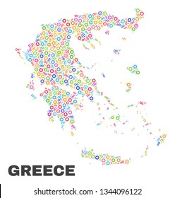 Mosaic technical Greece map isolated on a white background. Vector geographic abstraction in different colors. Mosaic of Greece map combined of random bright wheel elements.