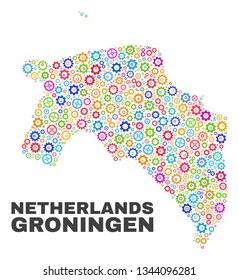 Mosaic technical Groningen Province map isolated on a white background. Vector geographic abstraction in different colors. Mosaic of Groningen Province map combined of random bright wheel elements.