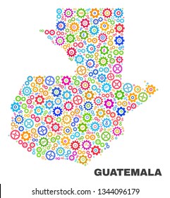 Mosaic technical Guatemala map isolated on a white background. Vector geographic abstraction in different colors. Mosaic of Guatemala map combined of scattered multi-colored cogwheel items.
