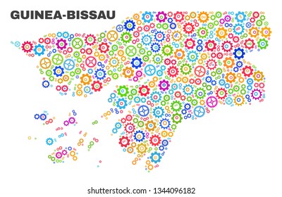 Mosaic technical Guinea-Bissau map isolated on a white background. Vector geographic abstraction in different colors. Mosaic of Guinea-Bissau map combined of scattered bright cogwheel elements.
