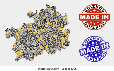 Mosaic technical Guizhou Province map and blue Made In grunge stamp. Vector geographic abstraction model for technical, or political illustrations.