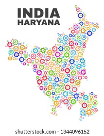 Mosaic technical Haryana State map isolated on a white background. Vector geographic abstraction in different colors. Mosaic of Haryana State map composed from scattered multi-colored gearwheel items.