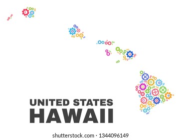Mosaic technical Hawaii State map isolated on a white background. Vector geographic abstraction in different colors. Mosaic of Hawaii State map combined of scattered multi-colored wheel elements.