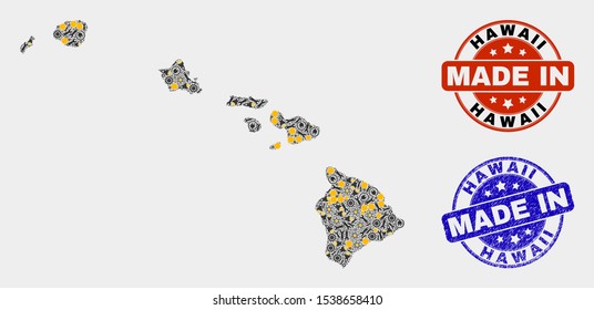 Mosaic technical Hawaii State map and blue Made In textured seal. Vector geographic abstraction model for service, or political purposes. Mosaic of Hawaii State map combined of scattered cogwheel,