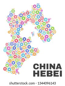 Mosaic technical Hebei Province map isolated on a white background. Vector geographic abstraction in different colors. Mosaic of Hebei Province map combined of random colorful cog elements.