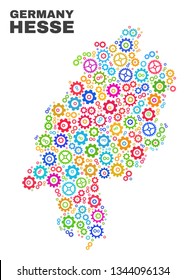Mosaic technical Hesse Land map isolated on a white background. Vector geographic abstraction in different colors. Mosaic of Hesse Land map combined of scattered bright gearwheel elements.