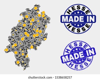 Mosaic technical Hesse Land map and blue Made In textured stamp. Vector geographic abstraction model for industrial, or political posters. Mosaic of Hesse Land map combined of scattered cogs,
